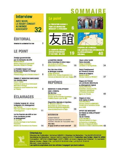 Sommaire de Oriental.ma n°10 : Diasporas, Capitaux, et Ressources Humaines, Quels apports au développement des Régions d’origine -VF