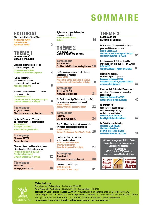 Sommaire de ORIENTAL.MA N°16 VF  : LE RAI,MUSIQUE REGIONALE  MONDIALISEE